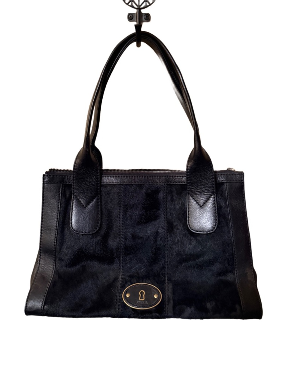 Fossil Vintage Re-Issue Satchel top-zip 
black leather calf hair panels PRISTINE